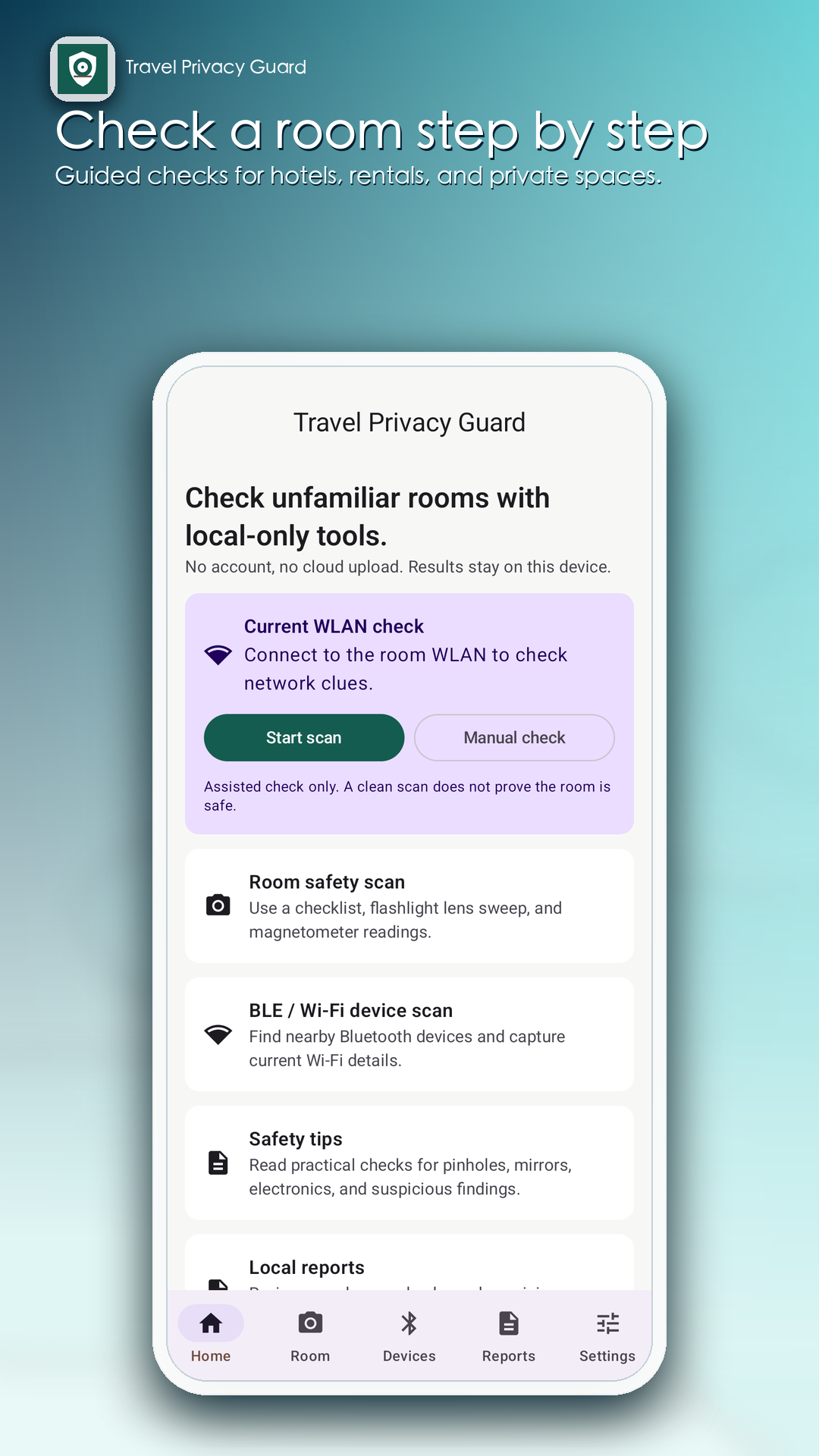 Travel Privacy Guard guided room check screen